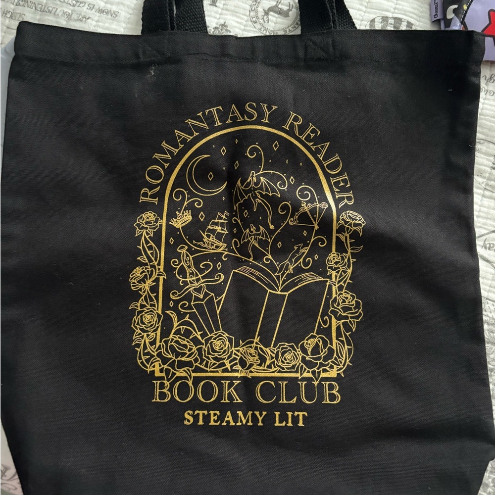 Black Tote Bag with Gold Book Club Design